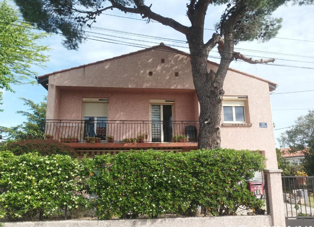 une maison rose avec un arbre et des buissons dans l'établissement Gîte les Albères, à Saint-André