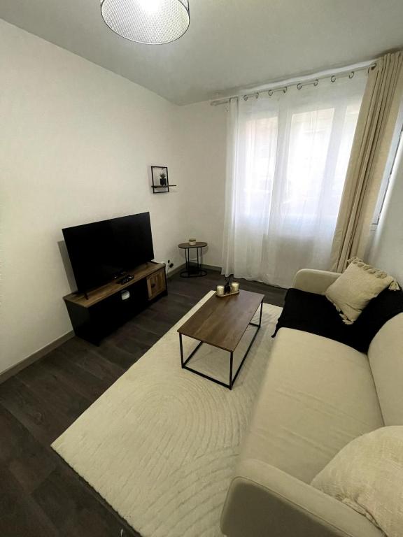 un salon avec un canapé et une télévision dans l'établissement Apartment 2, à Nogent-sur-Oise