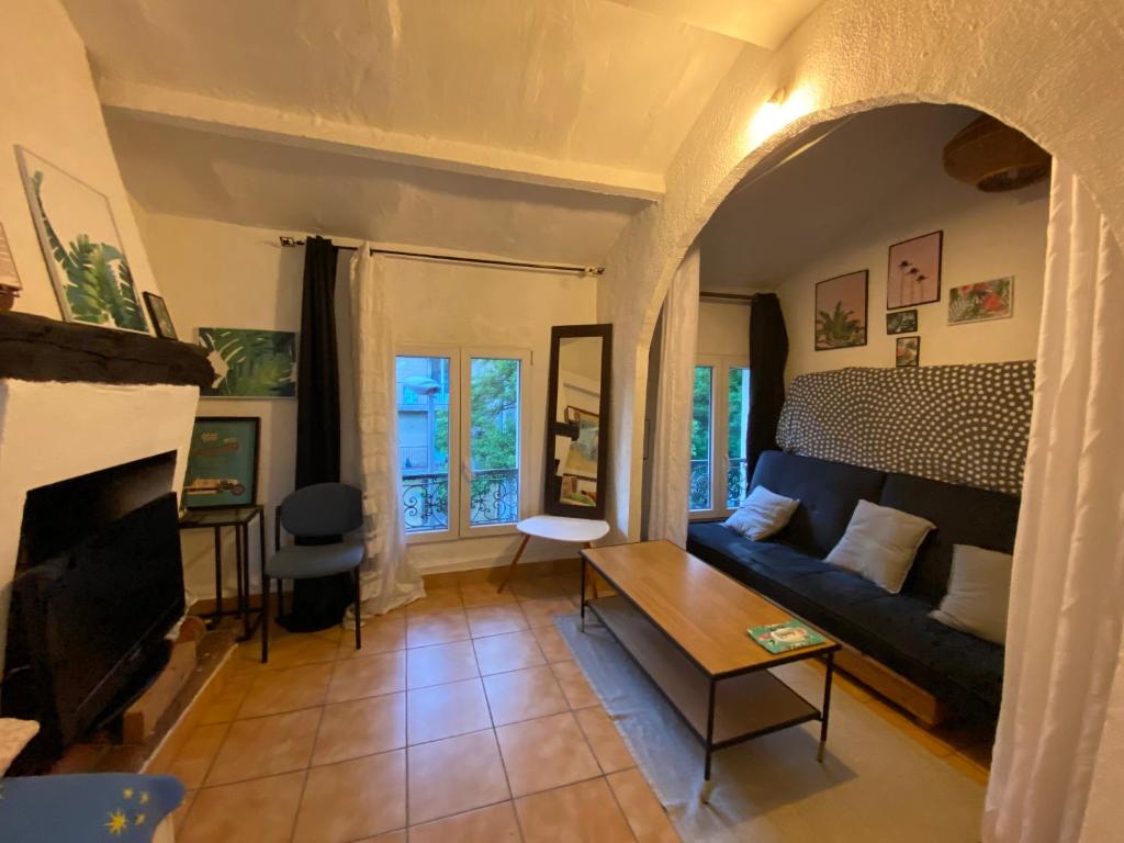 un salon avec un canapé et une table dans l'établissement Aix-en-Provence Proche Thermes Sextius et Pavillon Vendôme, à Aix-en-Provence