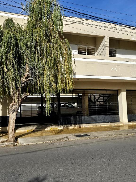 a building with a tree in front of a street at Monoambiente amoblado in Rivadavia