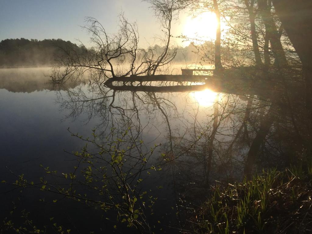 einen Sonnenaufgang auf einem See mit der Sonne, die im Wasser reflektiert in der Unterkunft Ferienwohnung Stedden in Stedden