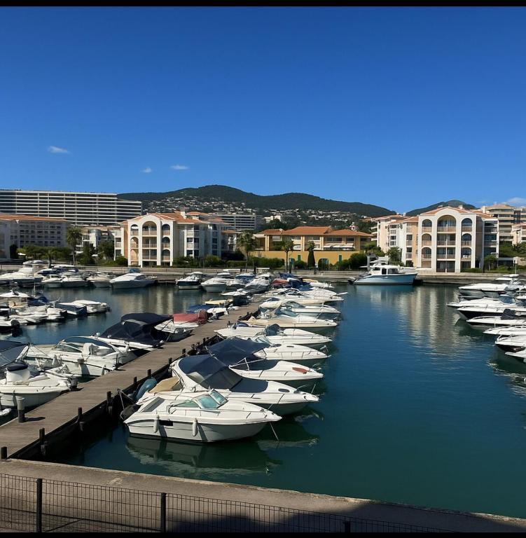 Une bande de bateaux amarrés dans un port avec des bâtiments dans l'établissement Beau studio provençal, à Mandelieu-la-Napoule