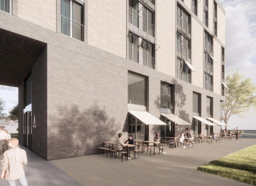 a rendering of a building with people sitting at tables at Geneva Youth Hostel in Geneva