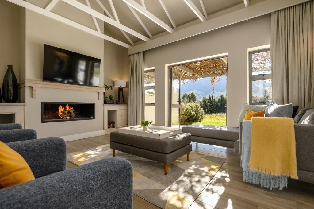 a living room filled with furniture and a fireplace at Stellenbosch Luxury Apartments in Stellenbosch