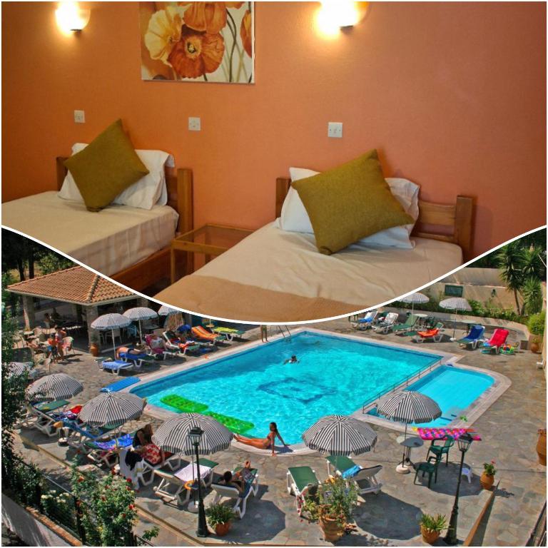 two pictures of a hotel room with a swimming pool at Elli Marina Studios & Apts Benitses Mare in Benitses