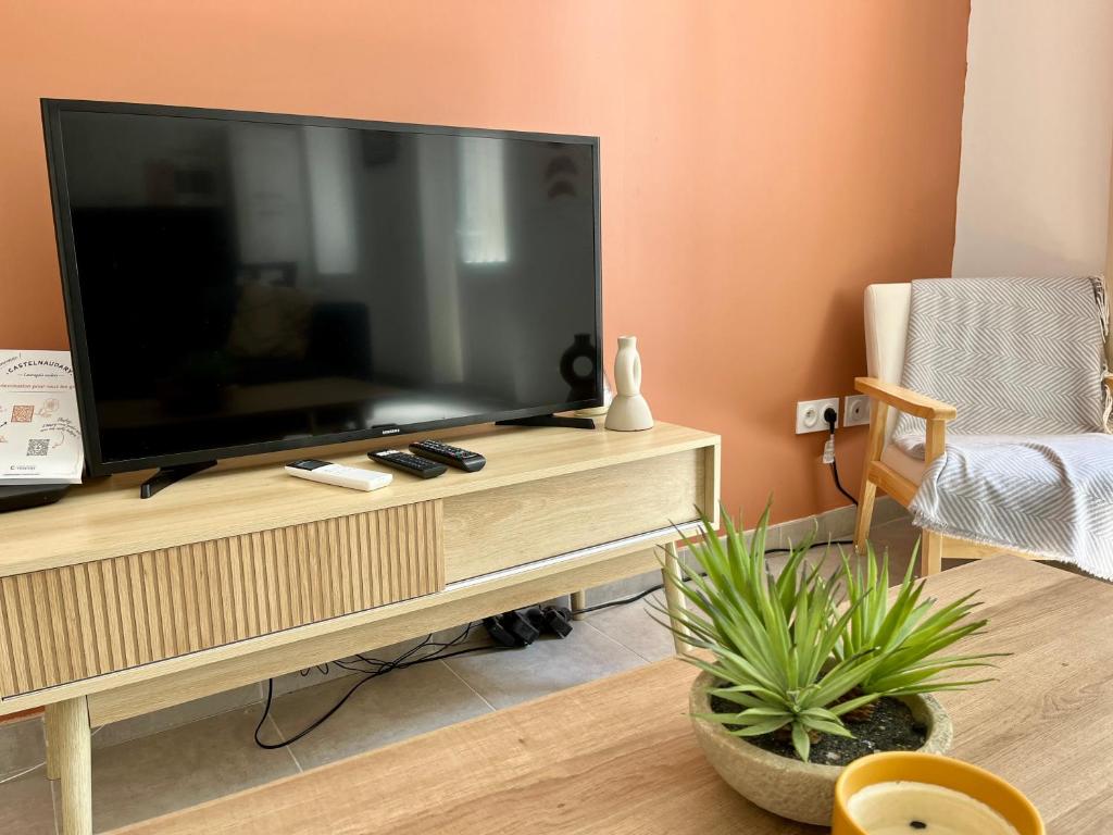 Telewizja i/lub zestaw kina domowego w obiekcie Le Riquet - Parking et jardin privé, clim, RDC
