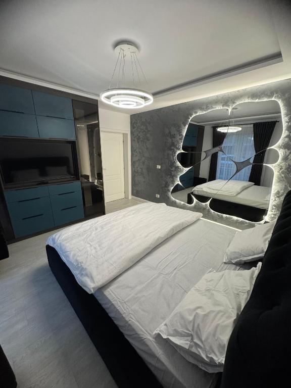 ラダウツィにあるEuro Apartments Radautiの大きなベッドと鏡のある寝室