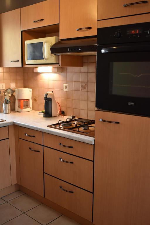 une cuisine avec une cuisinière et un micro-ondes dans l'établissement Le Pisé, à La Celle-sous-Gouzon