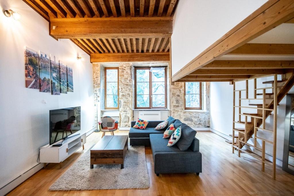 un salon avec un canapé et une cheminée dans l'établissement Soyeux - Superbe canut quai de Saône, à Lyon