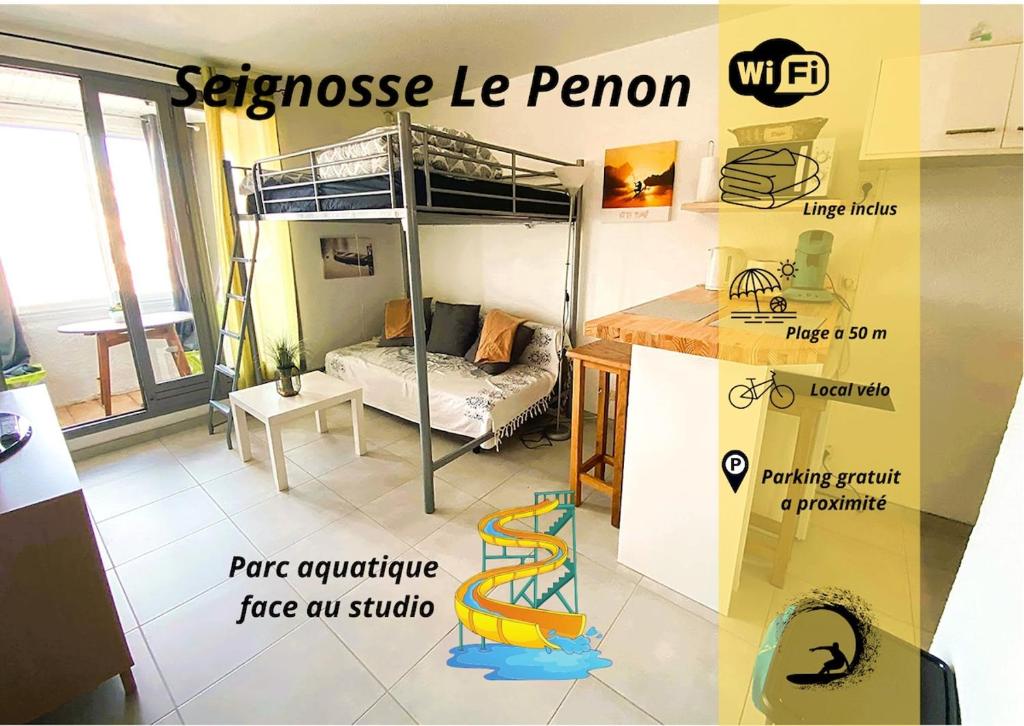 Cette chambre comprend des lits superposés et une cuisine. dans l'établissement Studio 212 lumineux à deux pas de l'océan, à Seignosse