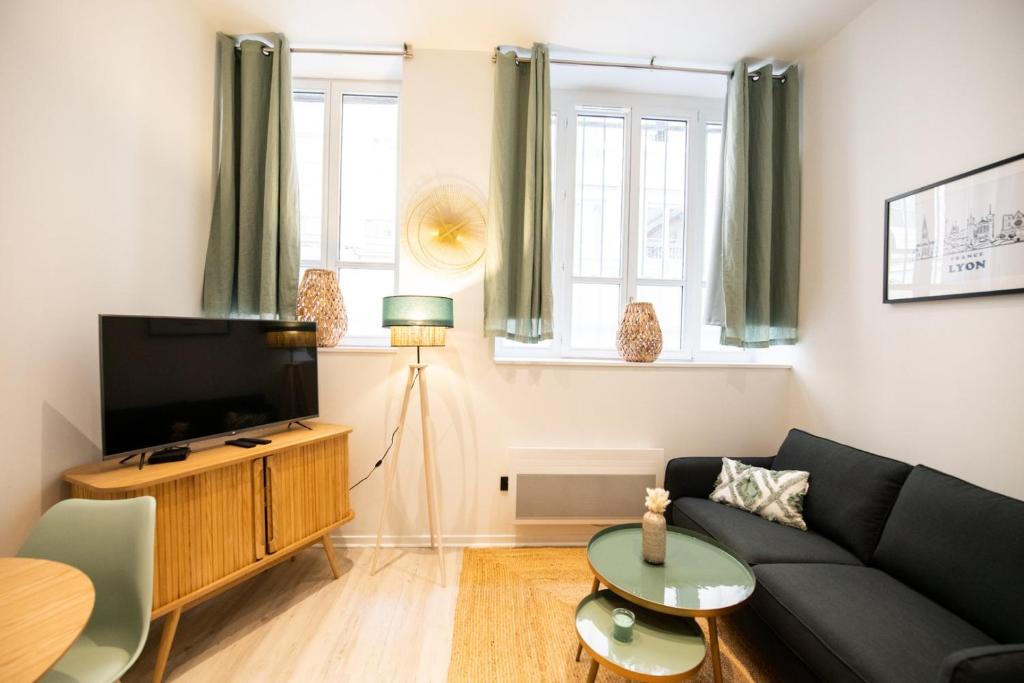 un salon avec un canapé et une télévision dans l'établissement L'Opéra 2 - RDC - Joli studio Hôtel de Ville, à Lyon