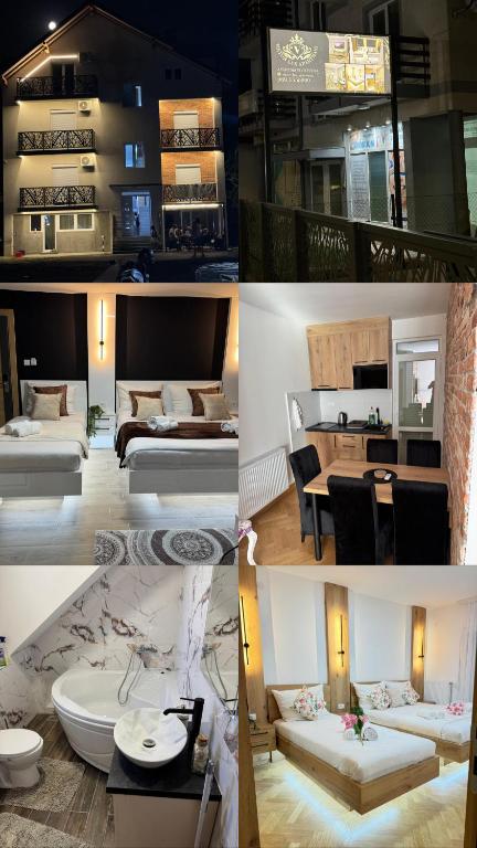 a collage of four pictures of a living room and a bedroom at Viktor Lux Apartmani in Soko Banja