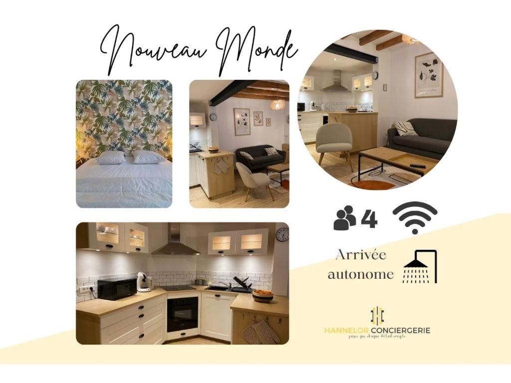 un collage de photos d'une cuisine et d'un salon dans l'établissement Maison cosy avec extérieur proximité Rouen Centre, à Le Petit-Quevilly