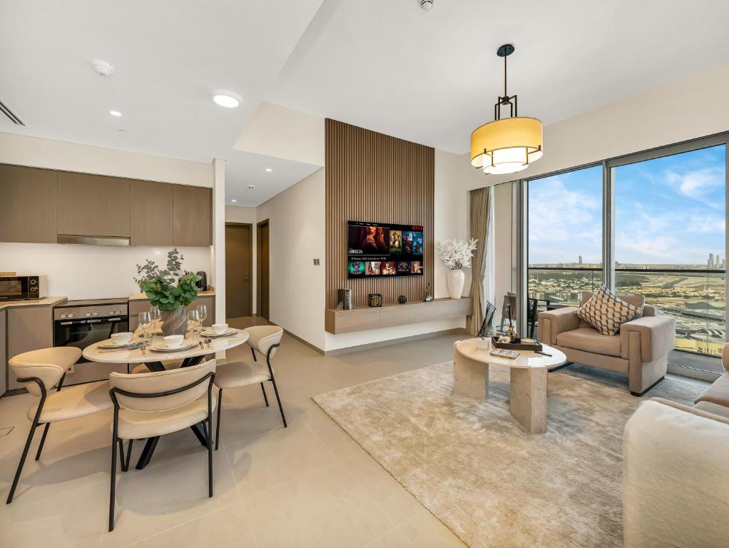 Un lugar para sentarse en Burj Khalifa View Infinity Pool Walk to Dubai Mall