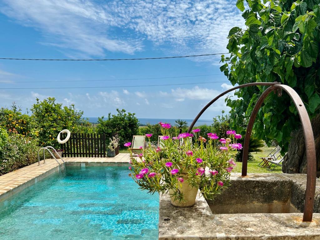 basen z kwiatami w ogrodzie w obiekcie Authentic Sicilian Charm, pool, sea view, wi-fi & parking w mieście Avola