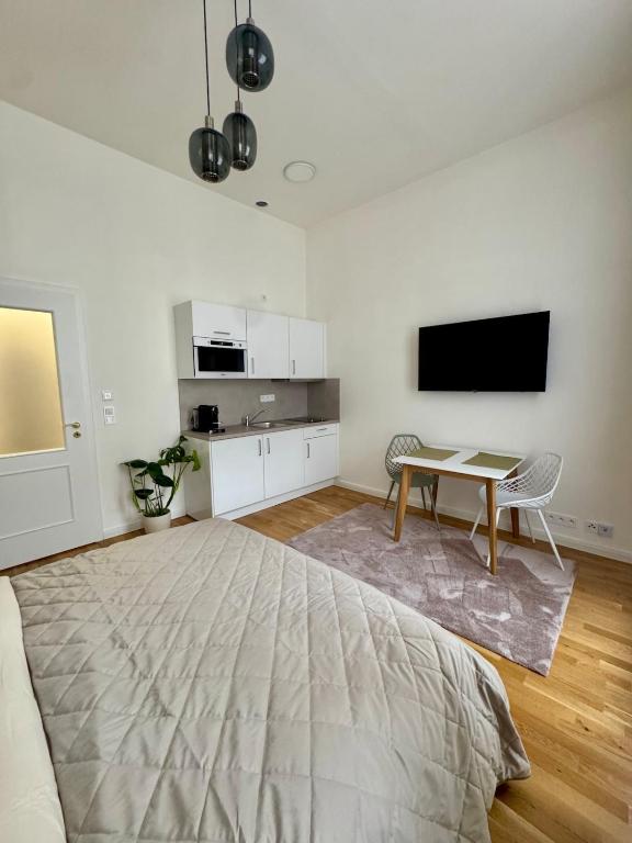 Hotel Apartment with free garage parking, a bedroom with a bed and a table and a tv at Apartment with free garage parking in Prague