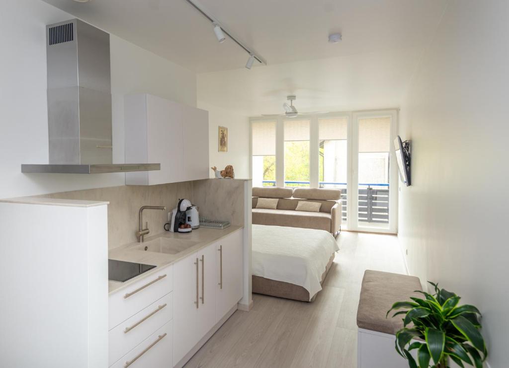a kitchen with a sink and a bed in a room at Atnaujinti buvę poilsio namai "Nidos Rūta" in Nida