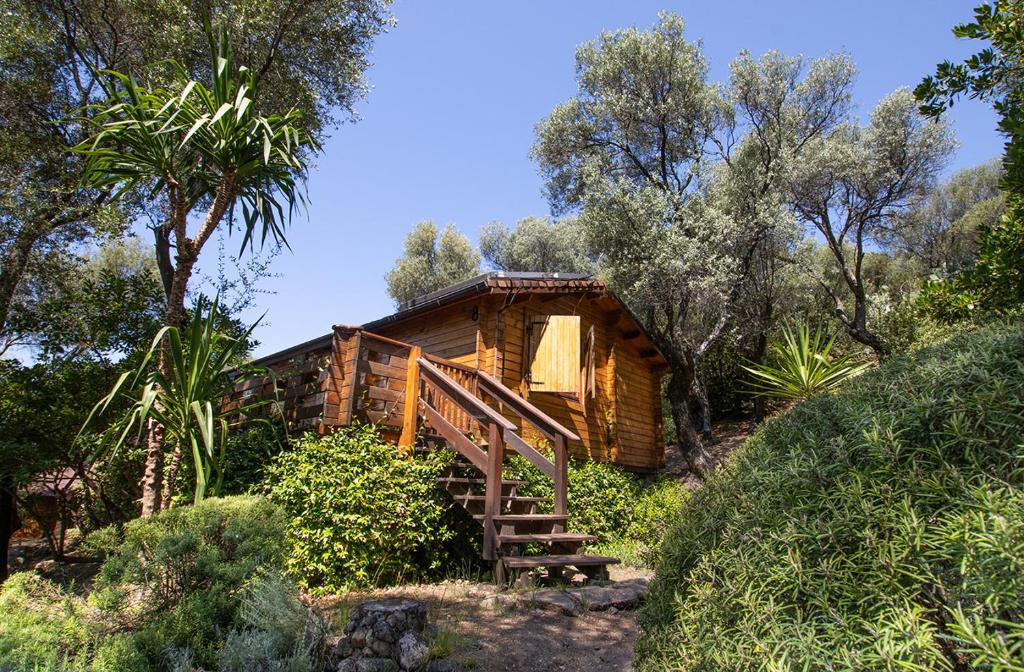 a log cabin in the woods with a staircase leading to it at Mare E Monti Chalets in Porto Pollo
