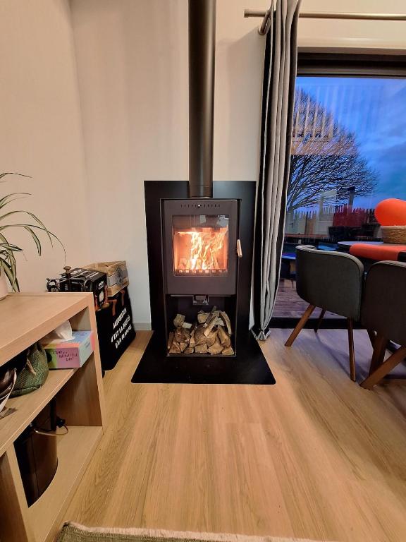 un salon avec une cheminée dans une pièce dans l'établissement Tiny house Sea shelter bain nordique, à La Celle-sous-Gouzon