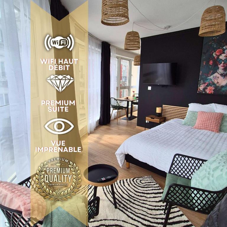 une chambre avec un lit et un panneau indiquant suite premium dans l'établissement L'Eden - Premium Suite - Vue - Balcon, à Lourdes