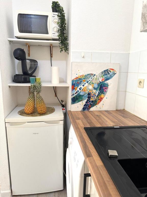 a kitchen with a white refrigerator and a microwave at Studio Marina ! in Gourbeyre