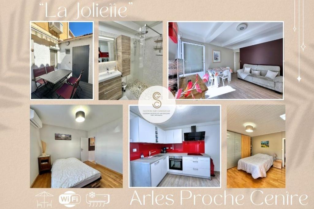 a collage of pictures of a hotel room at La Joliette Arles centre in Arles