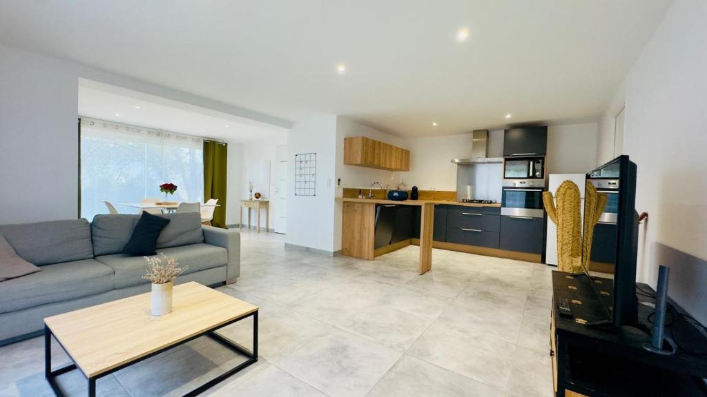 Il comprend un grand salon avec un canapé et une cuisine. dans l'établissement CASA CUCCHI, à Porto-Vecchio