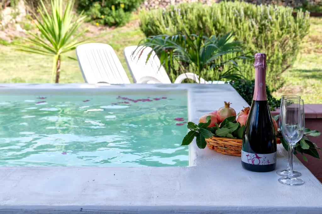 butelkę wina i kosz owoców na stole w obiekcie Laurus Jacuzzi villa Alghero Valverde 122 w mieście Valverde
