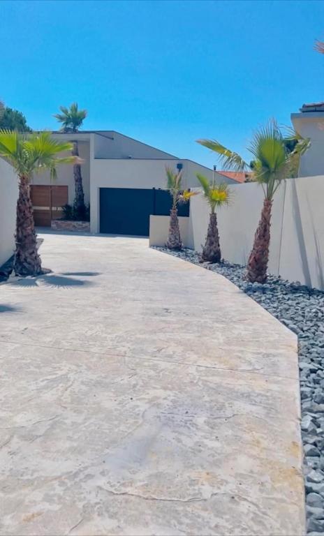 une allée avec des palmiers en face d'un bâtiment dans l'établissement Villa Palmeraie 240m2 Piscine Jacuzzi, à Lieuran-lès-Béziers