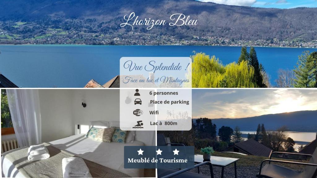 a collage of photos of a house with a sign at L'Horizon Bleu, Splendide vue sur le Lac Annecy, à 3mn du Lac in Veyrier-du-Lac