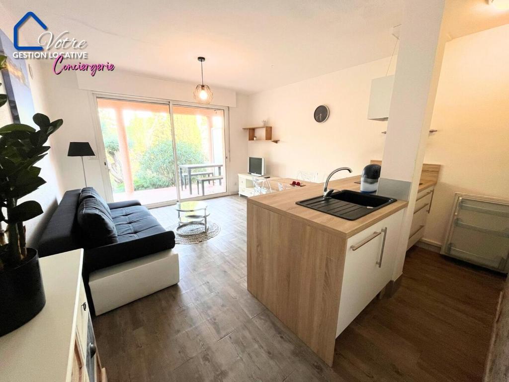 a kitchen and living room with a sink and a couch at L'Empereur Colliourenc in Collioure