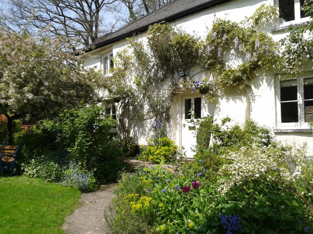 una casa blanca con flores delante en Tracebridge Cottage B&B, en Stawley