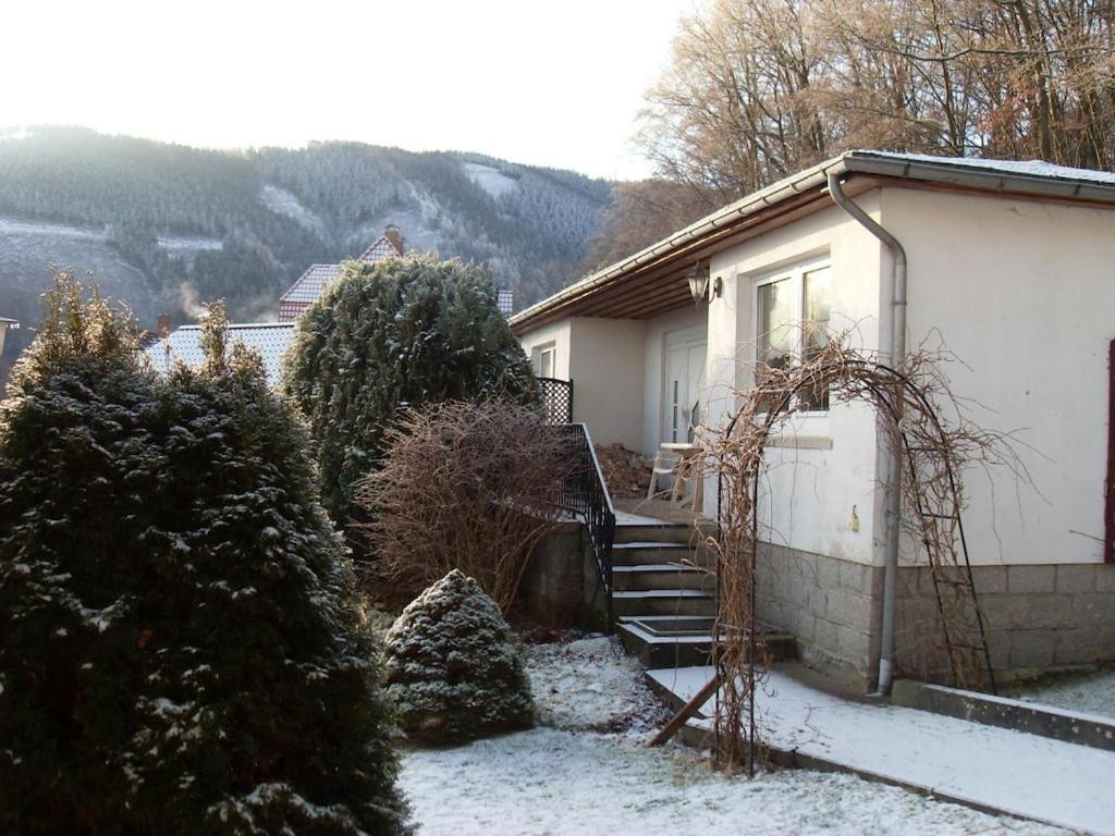 ein Haus mit Schnee auf dem Boden davor in der Unterkunft Holiday home in Harz with 2 bedrooms in Ilsenburg