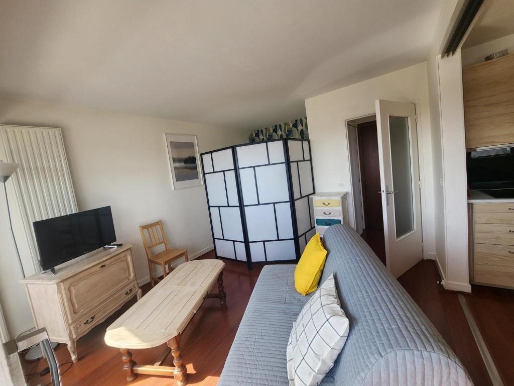 Il comprend un salon doté d'un lit bleu et d'une télévision. dans l'établissement Grand studio lumineux avec parking privé à Courseulles-sur-Mer - FR-1-746-29, à Courseulles-sur-Mer