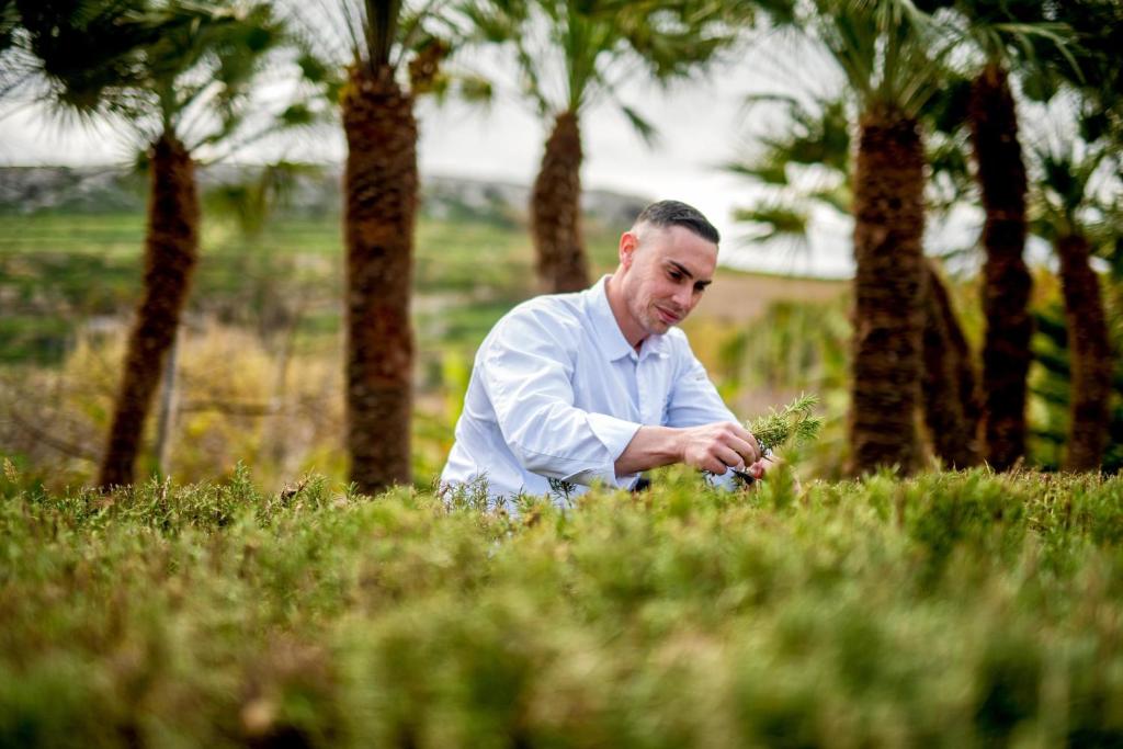 a man sitting in the grass with a plant at Kempinski Hotel San Lawrenz in San Lawrenz