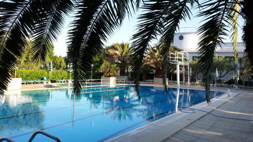 a large swimming pool with palm trees in front of a building at Hotel Cormoran in Cattolica