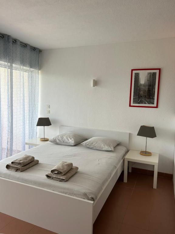 A bed or beds in a room at Grand studio rte des sanguinaires Superbe vue Mer