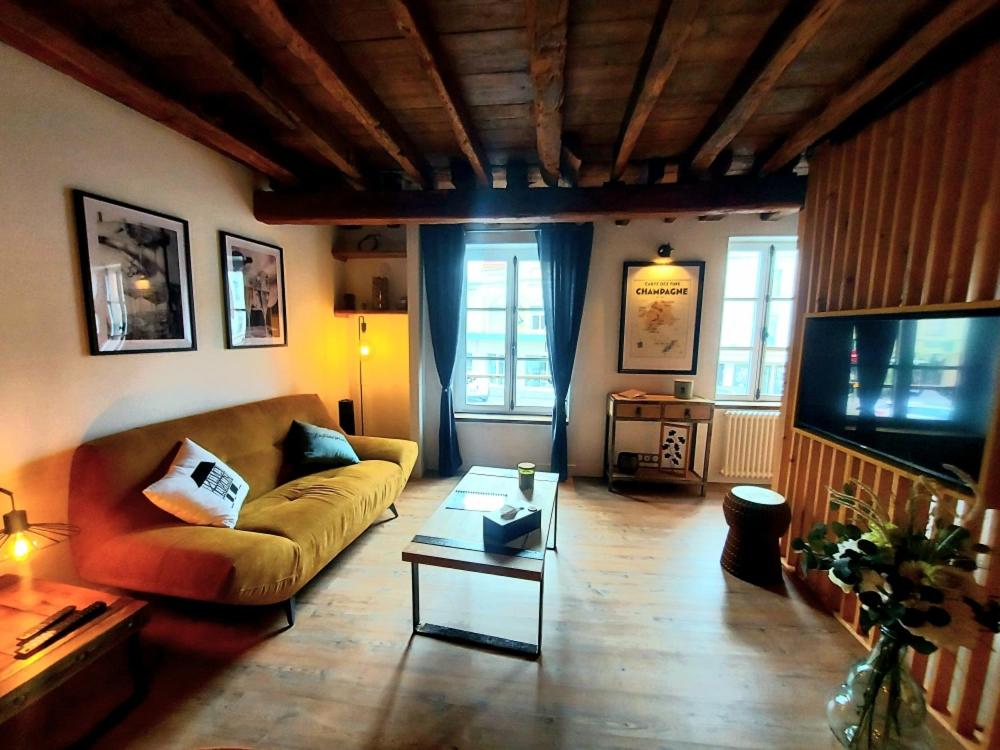 un salon avec un canapé et une télévision dans l'établissement Le Petit Meslier, à Épernay