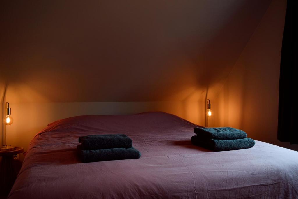 a bedroom with a bed with two pillows on it at Vakantiehuis de Casembroot in Westkapelle