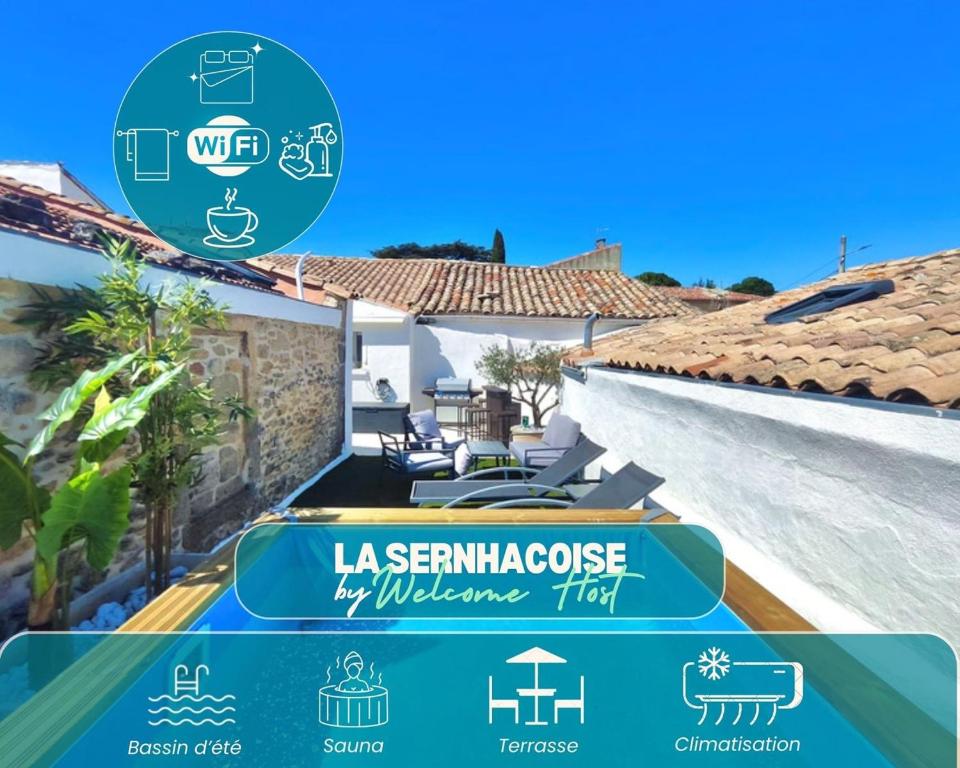 Cette villa offre une vue sur la piscine. dans l'établissement La sernhacoise, Maison familiale rénovée, sauna, à Sernhac