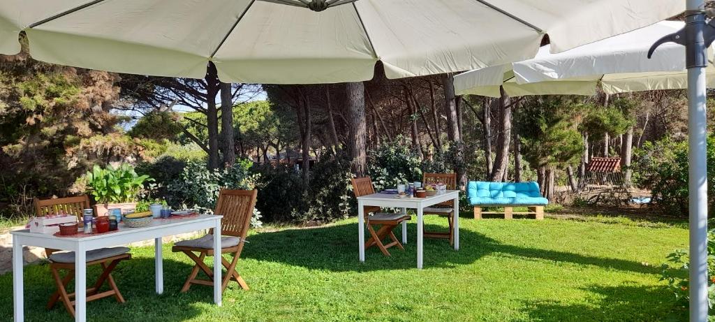 two tables and chairs under an umbrella in the grass at Mirto E Mare in Muravera
