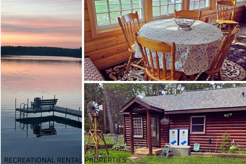 a collage of pictures of a house with a table and a dock at Butler's Bay Cottage cottage in Hayward