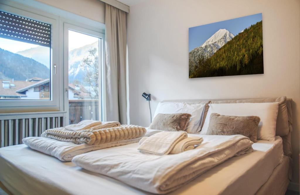 łóżko w pokoju z dużym oknem w obiekcie DOLOMIA APARTMENTS Pinzolo w mieście Pinzolo
