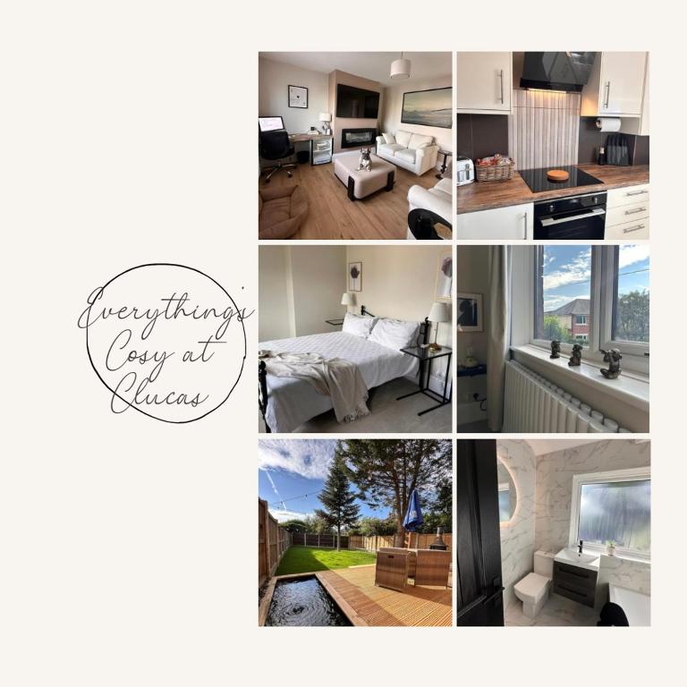 a collage of photos of a bedroom and a living room at Everythings Cosy at Clucas in Ormskirk