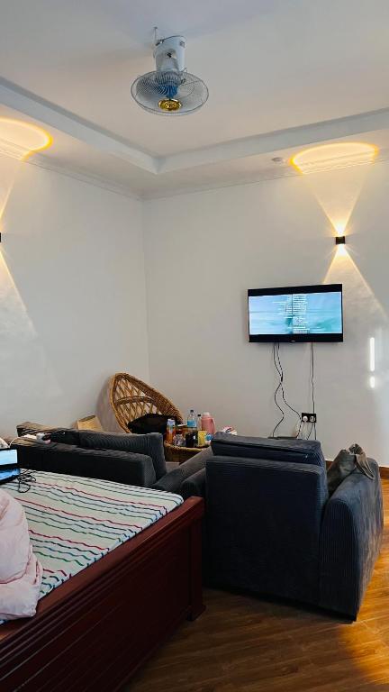 een woonkamer met twee banken en een flatscreen-tv bij The one room in Mto wa Mbu