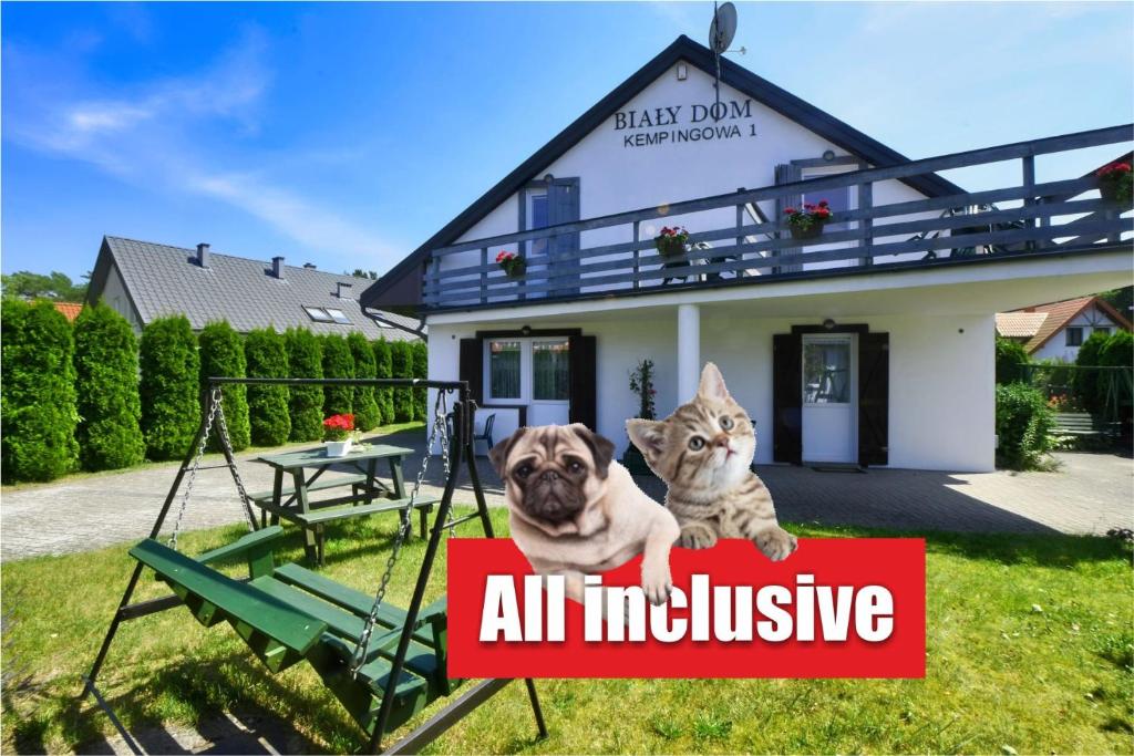 a dog and a cat sitting on a sign in front of a house at Willa Biały Dom - Aquapark Panorama Morska All Inclusive in Jarosławiec