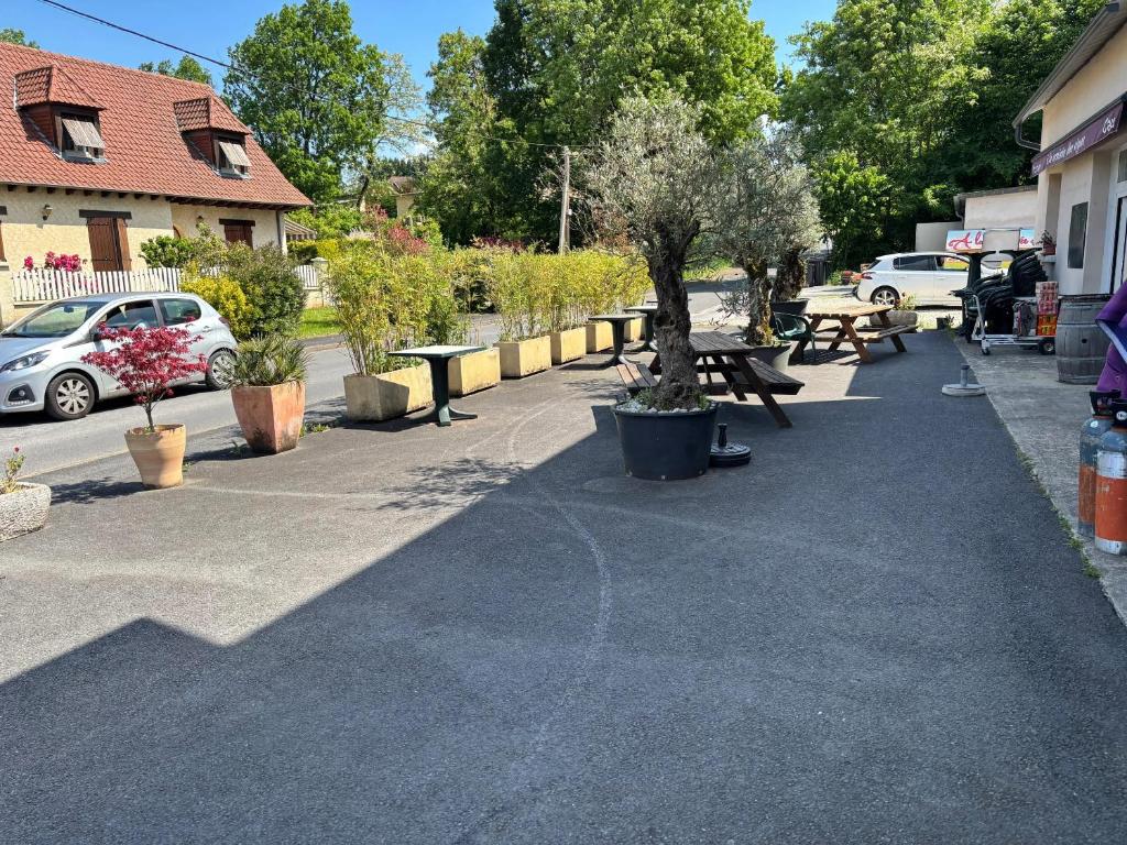 ObjatAppartement confortable avec jardin à Objat, 120 m²的人行道上摆放着野餐桌和盆栽