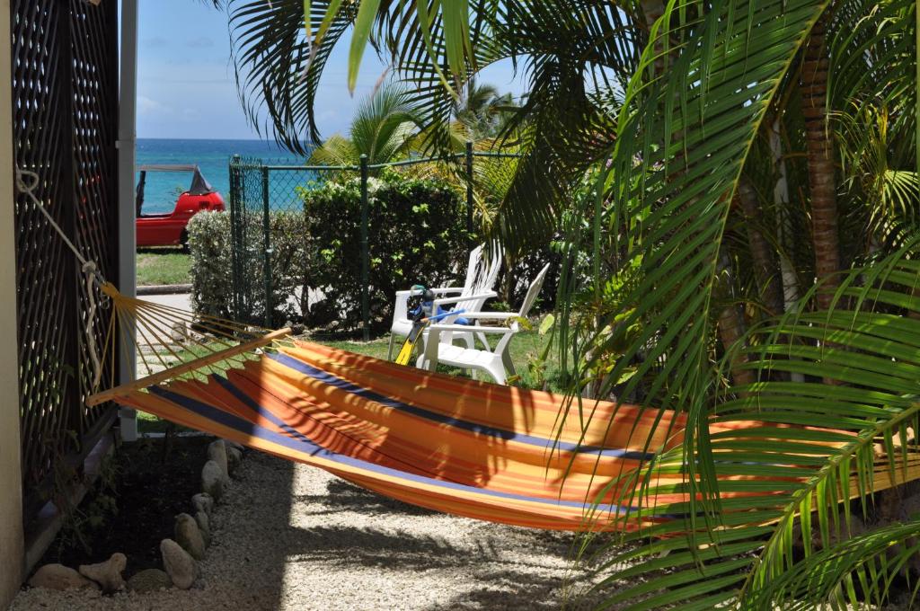 a hammock on the side of a house next to the ocean at Sea-view Apartment in Christ Church