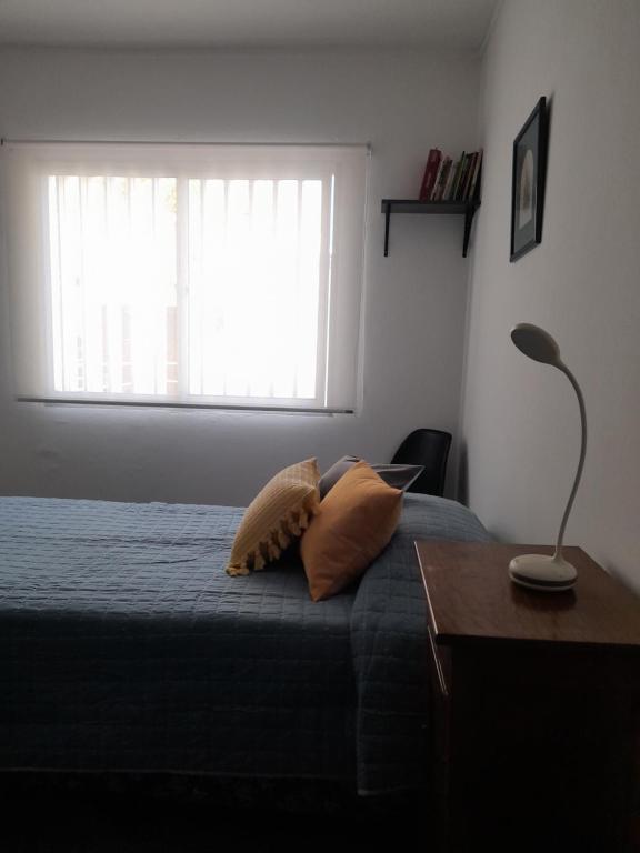 une chambre avec un lit avec des oreillers et une fenêtre dans l'établissement La Estrella - alojamiento temporario, à La Plata