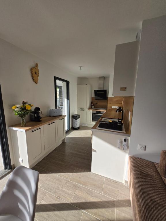 une cuisine avec des armoires blanches et un comptoir dans l'établissement Chez Paul et Corinne Appartement Propriano, à Propriano